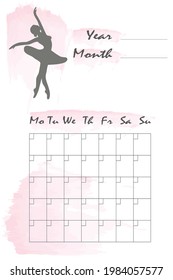 Monthly planner. Business organizer page. Schedule of classes for the dance school