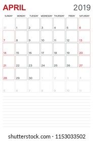 Monthly planner calendar April 2019, week starts on Sunday, desk calendar template, vector illustration