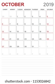 Monthly planner calendar October 2019, week starts on Sunday, desk calendar template, vector illustration
