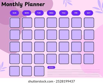 Monthly Planner. Monthly Calendar. Organizer. To-Do List. An elegant blank organizer calendar in vibrant purple and pink colors. A calendar to plan tasks and goals with style and efficiency.