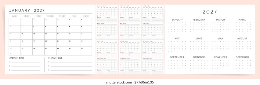 Monthly planner calendar template for 2027 year. Horizontal pink calendar with important dates and monthly goals for 2027 year. Wall calendar set for 2027 year with Sunday start.