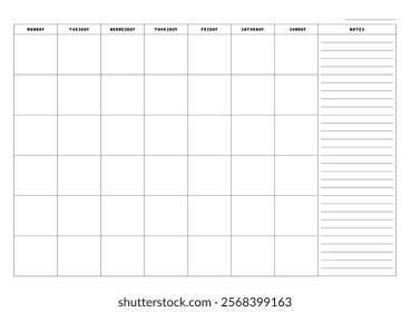 Monthly planner calendar template with for notes. Vector illustration.