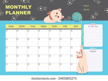 Monthly planner with cats, yarn ball and cute elements in flat cartoon style. Schedule template, monthly planner for printing. Cartoon cats vector illustration for kids. To do list, Notes.