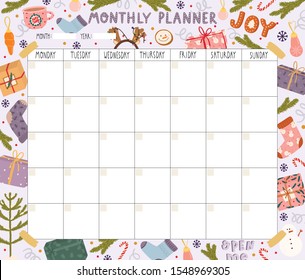 Monthly Planner for Christmas and New 2020 Year with traditional winter elements in Hygge style. Cozy winter season. Winter background. Christmas calendar.