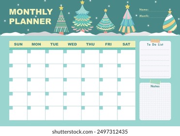 Monthly planner with Christmas trees in flat cartoon style. Schedule template, monthly planner for printing. Cartoon trees vector illustration for kids. To do list, Notes.