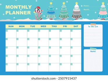 Monthly planner with Christmas trees and penguin in flat cartoon style. Schedule template, monthly planner for printing. Cartoon trees vector illustration for kids. To do list, Notes. Blue background.