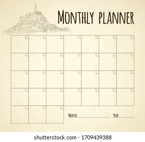 Monthly planner. City sketching. Line art silhouette. Tourism concept. France, Mont Saint-Michel. Sketch style vector illustration.