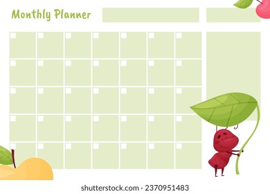 Monthly Planner with Cute Ant Character Vector Template