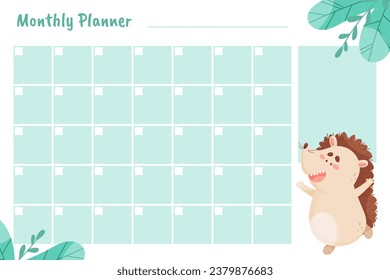 Monthly Planner with Cute Hedgehog Character and Forest Spiny Creature Vector Template