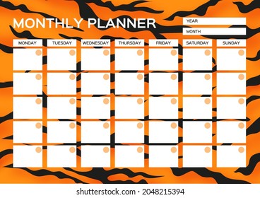 Monthly planner. Cute page for notes. Notebooks,decals, diary, school accessories. Tiger Fur. Wild Animal style. Big cat. Space for text. White Orange Black.
