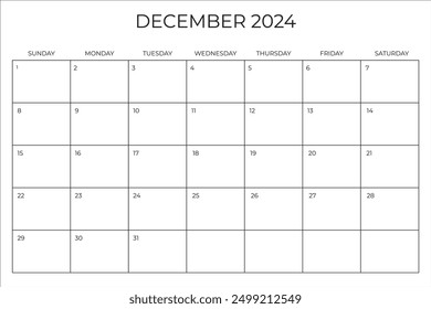 Monthly Planner December 2024. Calendar DECEMBER 2024. Week starts on SUNDAY. Blank Calendar Template. Vector illustration