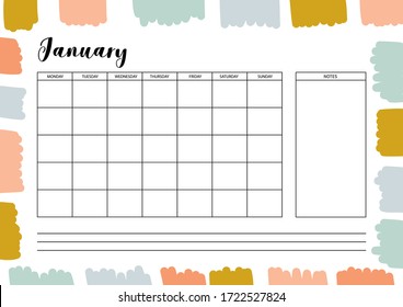 Monthly  planner for diary, organiser, notebook. Printable A4 planner. Vector Illustration. 