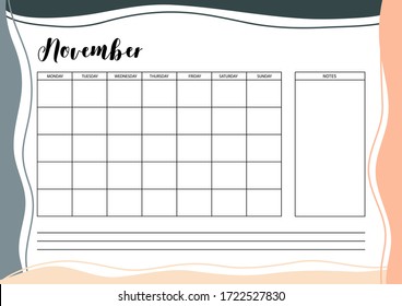 Monthly  planner for diary, organiser, notebook. Printable A4 planner. Vector Illustration. 