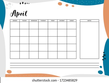 Monthly  planner for diary, organiser, notebook. Printable A4 planner. Vector Illustration. 