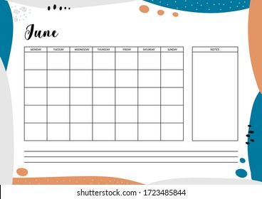 Monthly  planner for diary, organiser, notebook. Printable A4 planner. Vector Illustration. 