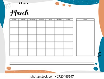 Monthly  planner for diary, organiser, notebook. Printable A4 planner. Vector Illustration. 
