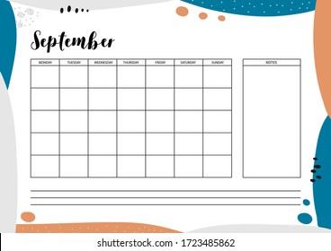 Monthly  planner for diary, organiser, notebook. Printable A4 planner. Vector Illustration. 