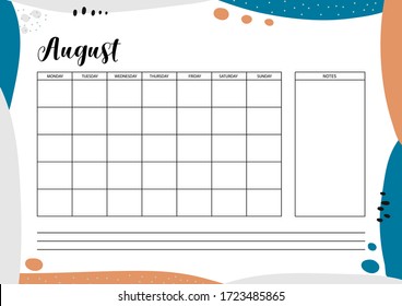 Monthly  planner for diary, organiser, notebook. Printable A4 planner. Vector Illustration. 