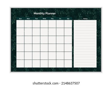 Monthly Planner to do list, notes. Printable schedule, calendar for study, school or work. Vector illustration. Green vector design template. Elegant floral leaves organizer and notepad.