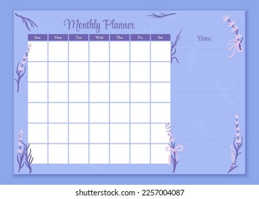 Lista de Planificador mensual para hacer, notas. Calendario imprimible, calendario de estudios, escuela o trabajo. Ilustración vectorial. Plantilla de diseño vectorial de lavanda. Elegante organizador de flores de primavera y bloc de notas.