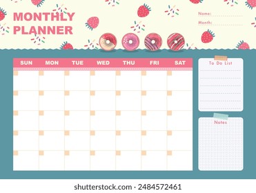 Monthly planner with donuts and cute strawberries in flat cartoon style. Schedule template, monthly planner for printing. Cartoon donuts vector illustration for kids. To do list, Notes.