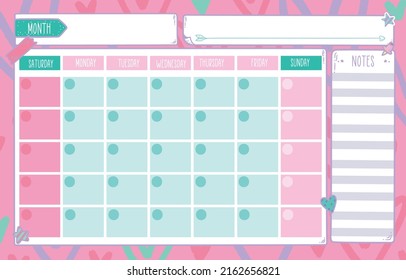 Monthly planner with flowers, to do list, notes, printable, vector