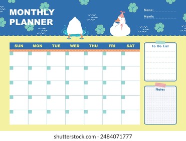 Monthly planner with goose and clouds in flat cartoon style. Schedule template, monthly planner for printing. Cartoon animals vector illustration for kids. Summer vacation.