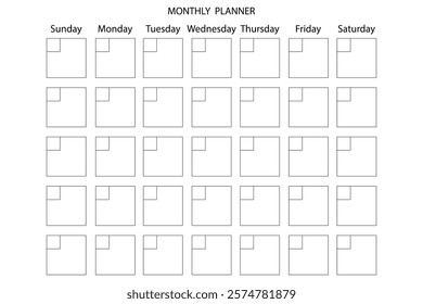 Monthly planner grid. Simple calendar layout. Organized schedule template. Vector illustration.