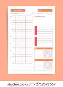 Monthly planner grid template; calendar chart with months along the side, priorities area, to-do list and notes section. Coral printable design for goal tracking and productivity.