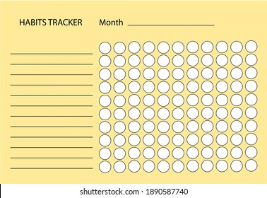 Monthly planner habit tracker template. Vector flat illustration. Habit tracker template. Monthly planner on yellow background.