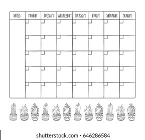 Monthly planner with hand drawn cactus illustration