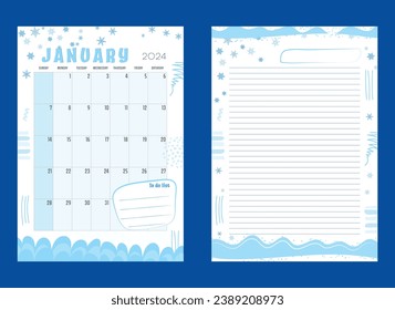 Monthly planner January 2024 calendar with lined note page winter design