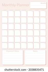 Monthly planner leaf in light pink color without dates, week starts on Monday, template, mock up calendar leaf illustration. Vector graphic page