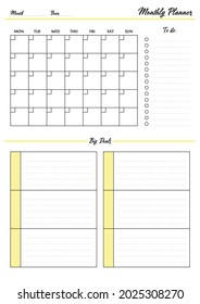 Monthly planner  minimalism style. Black and Yellow colors.