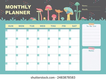 Monthly planner with mushrooms and cute elements in flat cartoon style. Schedule template, monthly planner for printing. Cartoon mushrooms vector illustration for kids. To do list, Notes.