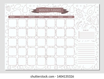 Monthly planner and notes with a fruits elements made in doodle style, template page.