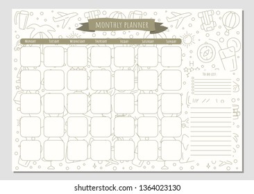 Monthly planner and notes with a travels elements made in doodle style, template page.