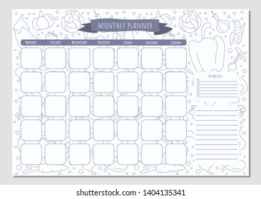 Monthly planner and notes with a vegetables elements made in doodle style, template page.
