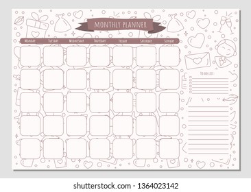 Monthly planner and notes with a wedding elements made in doodle style, template page.