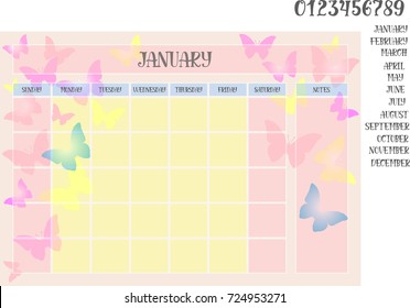 Monthly planner on a butterflies background and names of months