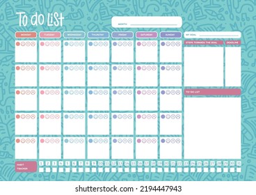 Monthly planner on doodle blue background with school supplies items. Colorful vector A4 template for stationary, schedule, list, timetable with goal, habbit tracker and emotion calendar