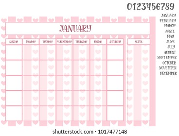 Monthly planner on a pink striped background with hearts with place for notes, names of months and numbers