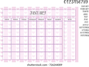 Monthly planner on the striped background with hearts
