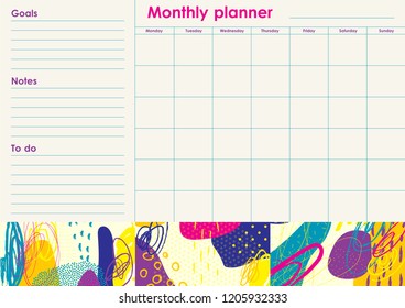 Monthly Planner. Organiser and Schedule with place for Goals and To Do Lists. Template design. Vector