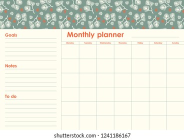 Monthly Planner. Organiser and Schedule with place for Goals and To Do Lists. Template design. Vector