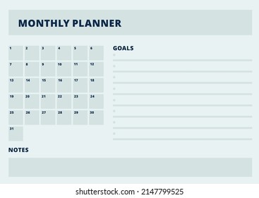 Monthly planner page. Calendar and project organizer template