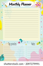 Monthly Planner page on abstract bright background