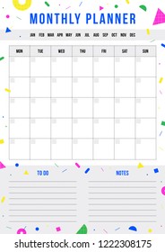 Monthly planner page with place for notes. Vector template with geometric background in Memphis style. Vertical page for print, office, school.