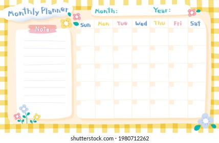 Monthly planner pastel printable template. Calendar vector illustration design.
