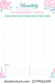Monthly planner for planning tasks for the whole day business tasks and study schedule with flowers